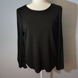 Adrianna Papell Black Blouse Top With Mesh Embroidered Long Sleeves